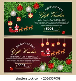 Gift voucher for Christmas sale. Vector illustration with realistic gift boxes, Santa Claus and Christmas balls. 