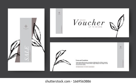 Gift Voucher with clean minimal style. Line drawing Leaf white background. For Resort, Spa, Organic texture, Cosmetic, Package. Vector Illustration