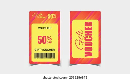 Gift Voucher with code QR code yellow and red coupon 50% off coupon voucher discount coupon vector illustration.