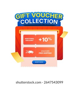 Coleção de Voucher presente Promoção Banner Design, Apresentando adicional 10 por cento desconto e livre transporte cupom, vermelho colorido e laranja Cupom Layout com Loja Agora Botão