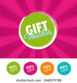 Gift Voucher color banner and 50%, 60%, 70% & 80% Off Marks. Vector illustration.