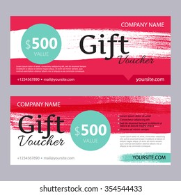 Gift voucher colorful template set with brush stroke background. Hand drawn design, envelope size. Vector illustration.