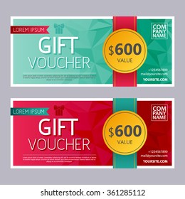 Gift voucher colorful template set with bright faceted mosaic background with ribbon. Envelope size. Vector illustration.