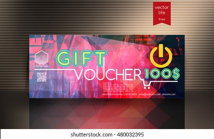 Gift voucher. The combination of graphic elements with typography & place for text, logo, contact information.