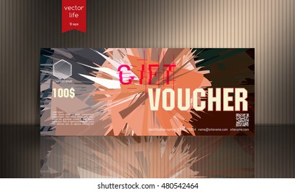 Gift voucher. The combination of graphic elements with typography & place for text, logo, contact information.