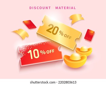 Gift voucher combo promo template, discount coupon with chinese ingot and red envelope decoration