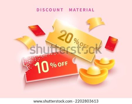 Gift voucher combo promo template, discount coupon with chinese ingot and red envelope decoration