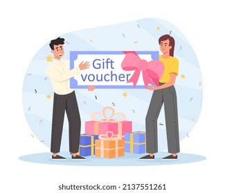 Gift voucher concept. Man and girl in front of box with gift. Special offer for regular customers. Benefit and discount. Advertising banner or poster for site. Cartoon flat vector illustration