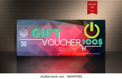 Gift voucher. The concept of a voucher for a music store, radio, audio equipment. The combination of graphic elements with typography & place for text, logo, contact information.