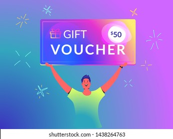 Gift voucher concept vector illustration of young man holds over his head big brilliant coupon card like a winner of a marketing offer. Happy bright people using gift cards on gradient background