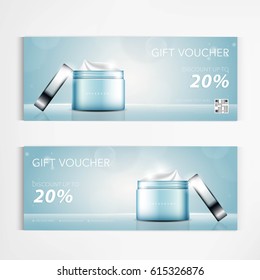 Gift voucher cosmetics lotion for annual sale blue packaging template vector design.