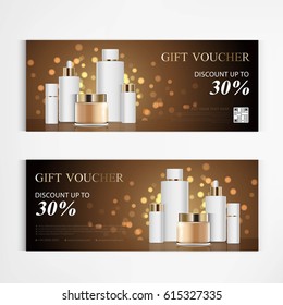 Gift voucher cosmetics lotion for annual sale gold packaging template vector design.