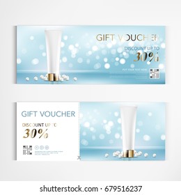 Gift voucher cosmetics lotion cream for annual sale blue packaging template vector design.