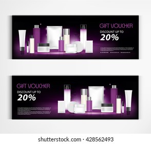 Gift voucher cosmetics lotion packaging template vector design. Cosmetics Packages sample design.  Cosmetics discount template design.