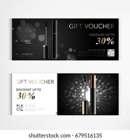 Gift voucher cosmetics luxury mascara for annual sale blue packaging template vector design.