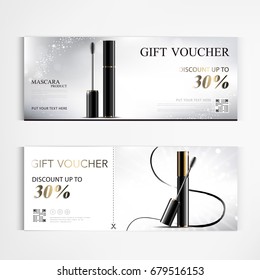 Gift voucher cosmetics luxury mascara for annual sale blue packaging template vector design.