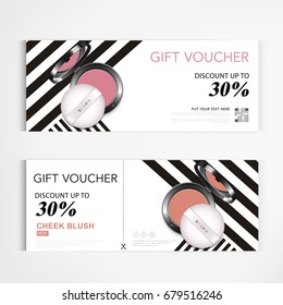 Gift voucher cosmetics modern cheek blush pink or makeup powder for annual sale blue packaging template vector design.