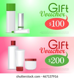 Gift voucher cosmetics template. Present for 100 and 200 dollars. Certificate coupon on buying professional natural organic sea cosmetics. Part of series of decorative cosmetics items. Vector
