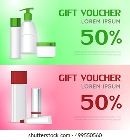 Gift voucher cosmetics template. Present for 50 percentage discount. Certificate coupon on buying professional natural organic sea cosmetics. Part of series of decorative cosmetics items. Vector