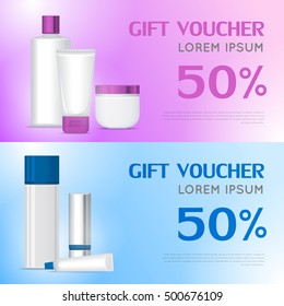 Gift voucher cosmetics template. Present for 50 percentage discount. Certificate coupon on buying professional natural organic sea cosmetics. Part of series of decorative cosmetics items. Vector