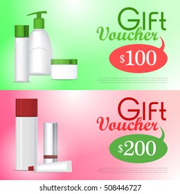 Gift voucher cosmetics template. Present for 100 and 200 dollars. Certificate coupon on buying professional natural organic sea cosmetics. Part of series of decorative cosmetics items. Vector