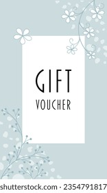 Gift voucher. Coupon card with floral design in light blue tones.