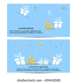 Gift voucher coupon design template in blue, white and gold colors. Gift certificate vector illustration.