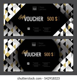 Gift Voucher Coupon discount. Elegant gift certificate template with gold black and white triangle pattern and gold sparkling price. Shopping concept.  Vector flat illustration