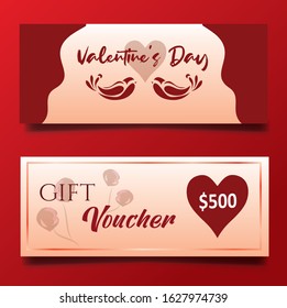 Gift Voucher Coupon discount for Happy Valentine's Day celebration with luxury red background. Vector illustration.Flyers, invitation, poster, brochure, banner.