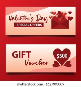 Gift Voucher Coupon discount for Happy Valentine's Day celebration with luxury red background. Vector illustration.Flyers, invitation, poster, brochure, banner.