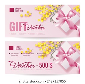 Gift Voucher Coupon discount for Happy Valentine's day, Mother`s day and 8 march Woman`s day celebration with gift box and mimosa. Vector illustration