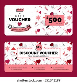 Gift Voucher Coupon discount for Happy Valentine's Day celebration with holiday symbols  in retro 80s, 90s memphis style. Vector illustration