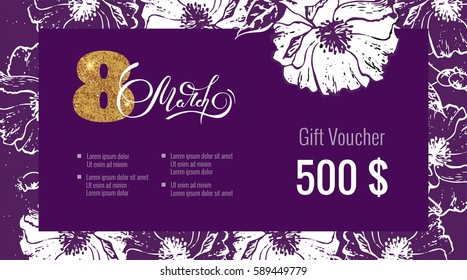 Gift Voucher Coupon discount for Happy Women's Day. Elegant gift certificate template with floral background and calligraphic text. Shopping concept.  Vector flat illustration