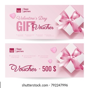 Gift Voucher Coupon Discount For Happy Valentine's Day Celebration With Holiday Symbols. Vector Illustration