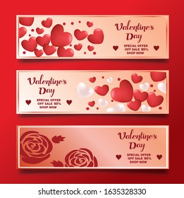 Gift Voucher Coupon discount for Valentine's Day with luxury red background and heart, rose, and gift elements .Flyers, invitation, poster, brochure, banner. Vector illustration