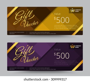 Gift voucher and coupon gold or purple color set. include sample text position. vector illustration.