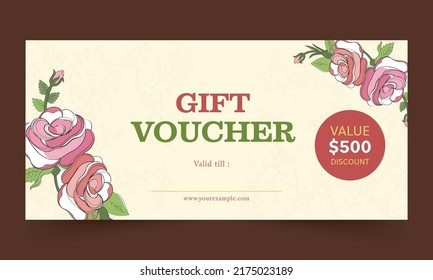 Gift Voucher Or Coupon Horizontal Template Layout With Rose Flowers In Pastel Yellow Color.