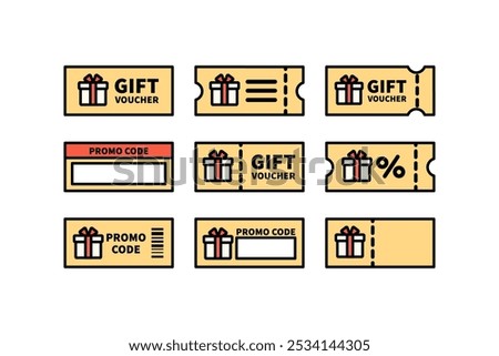 Gift voucher coupon icon set. Business, sale, discount, special offer, promotion concepts. Colored outline vector design isolated illustration.
