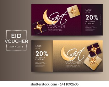 Gift voucher or coupon layout with best discount offer. Front and back view of design for Eid Mubarak celebration.