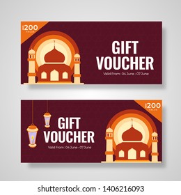 Obtención de cupón de regalo o de cupón con ilustración de mezquita y oferta de descuento para el concepto de Festival Islámico.