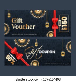 Gift voucher or coupon layout with different discount offer and mandala floral elements decorated black background.