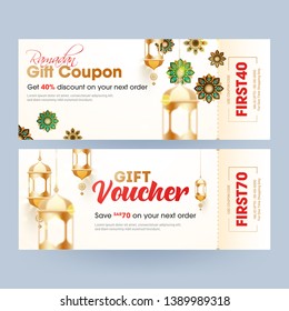 Gift voucher or coupon of Ramadan with different discount offer and golden lanterns.