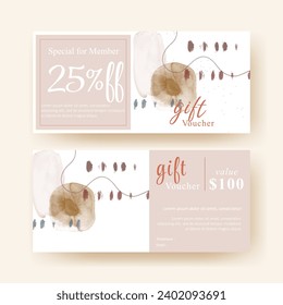 Gift voucher. Coupon template with abstract watercolor pastel. elegant aesthetic design. good for boutique, jewelry, floral shop, beauty salon, spa, fashion, flyer, banner design