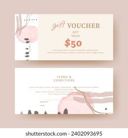 Gift voucher. Coupon template with abstract watercolor pastel. elegant aesthetic design. good for boutique, jewelry, floral shop, beauty salon, spa, fashion, flyer, banner design