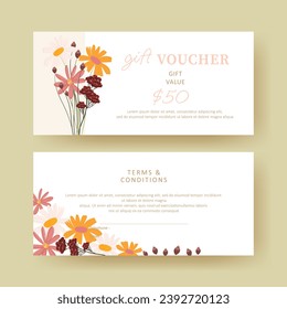 Gift voucher. Coupon template with botanic bouquet decoration. elegant aesthetic design. good for boutique, jewelry, floral shop, beauty salon, spa, fashion, flyer, banner design.