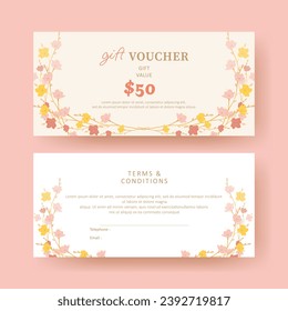 Gift voucher. Coupon template with colorful flower decoration. elegant aesthetic design. good for boutique, jewelry, floral shop, beauty salon, spa, fashion, flyer, banner design.