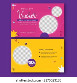 Gift Voucher Or Coupon Template Design With Space For Product Image In Pink And Yellow Color.