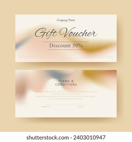 Gift voucher. Coupon template with pastel color gradient decoration. elegant aesthetic design. good for boutique, jewelry, floral shop, beauty salon, spa, fashion, flyer, banner design.