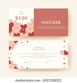 Geschenkgutschein. Coupon-Vorlage mit rosa und roten Herzen Dekoration. Valentindesign-Konzept. gut für Boutique, Schmuck, Blumenladen, Schönheitssalon, Spa, Mode, Flyer, Banner Design.