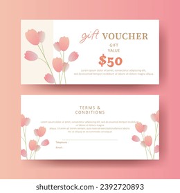 Gift voucher. Coupon template with tulip flower decoration. elegant aesthetic design. good for boutique, jewelry, floral shop, beauty salon, spa, fashion, flyer, banner design.